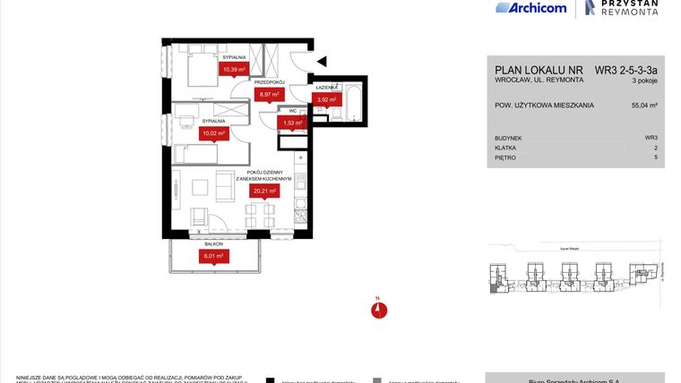 Rzut - Mieszkanie na sprzedaż 3 pokoje o powierzchni 55,04 m² - numer WR3 2/5/3/3a w Przystań Reymonta etap II