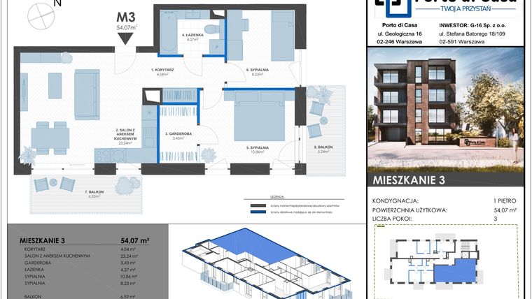 Rzut - Mieszkanie na sprzedaż 3 pokoje o powierzchni 54,07 m² - numer M3 w Porto di Casa - Twoja przystań