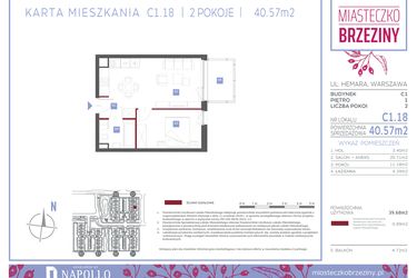 Rzut - Mieszkanie na sprzedaż 2 pokoje o powierzchni 40,57 m² - numer C1.18 w Miasteczko Brzeziny II