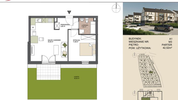 Rzut - Mieszkanie na sprzedaż 2 pokoje o powierzchni 42,52 m² - numer A1/3 w Osiedle Przy Lipowej