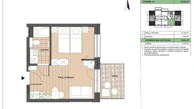 Rzut - Mieszkanie na sprzedaż 2 pokoje o powierzchni 25,83 m² - numer M28 w Stegna Forest 2
