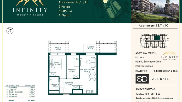Rzut - Mieszkanie na sprzedaż 3 pokoje o powierzchni 50,05 m² - numer B3.1.10 w Infinity Mountain Resort