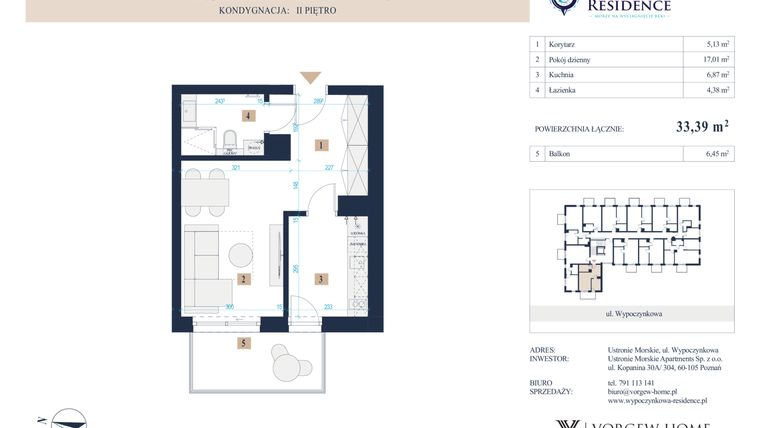 Rzut - Mieszkanie na sprzedaż 1 pokój o powierzchni 33,51 m² - numer 29 w Wypoczynkowa Residence
