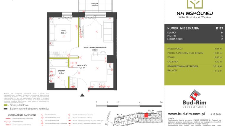 Rzut - Mieszkanie na sprzedaż 2 pokoje o powierzchni 37,13 m² - numer 127 w Na Wspólnej