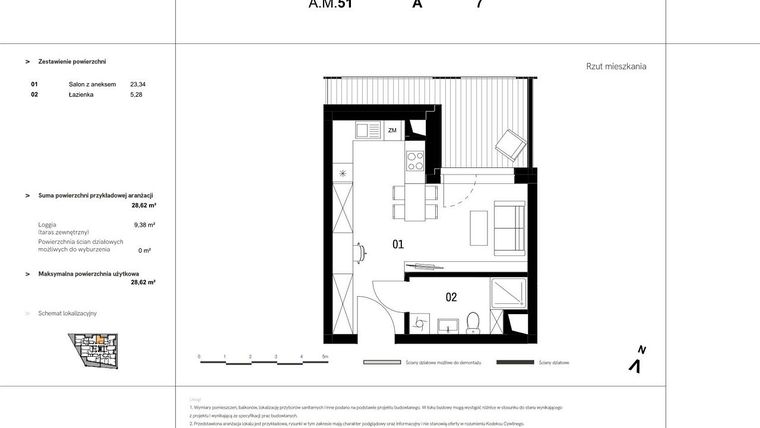 Rzut - Mieszkanie na sprzedaż 1 pokój o powierzchni 29,45 m² - numer A.M.51 w VIDOK