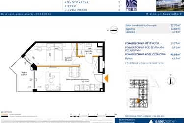 Rzut - Mieszkanie na sprzedaż 2 pokoje o powierzchni 40,68 m² - numer 1.06 w The Blue