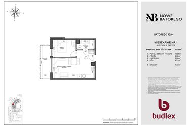 Rzut - Mieszkanie na sprzedaż 2 pokoje o powierzchni 37,29 m² - numer B1 w Nowe Batorego 2