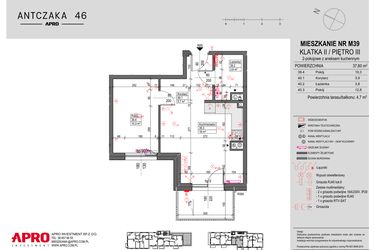 Rzut - Mieszkanie na sprzedaż 2 pokoje o powierzchni 37,6 m² - numer M39 w Antczaka 46