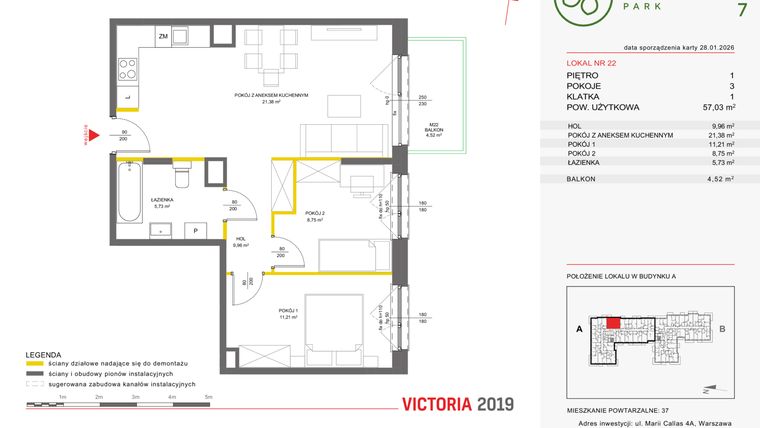 Rzut - Mieszkanie na sprzedaż 3 pokoje o powierzchni 56,93 m² - numer 22 w Olchowy Park VII