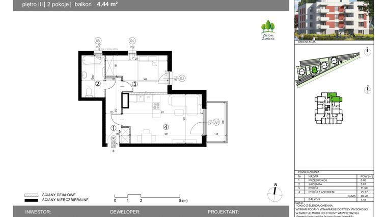 Rzut - Mieszkanie na sprzedaż 2 pokoje o powierzchni 46,29 m² - numer 14G.45 w Zielone Zamienie X