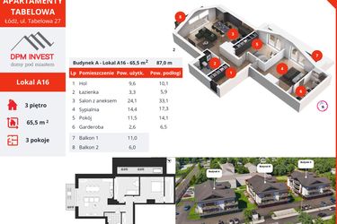 Rzut - Mieszkanie na sprzedaż 3 pokoje o powierzchni 65,5 m² - numer A16 w Apartamenty Tabelowa