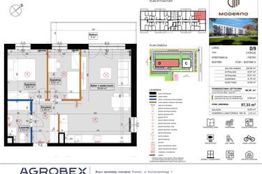 Rzut - Mieszkanie na sprzedaż 3 pokoje o powierzchni 57,33 m² - numer D.9 w Osiedle Moderno
