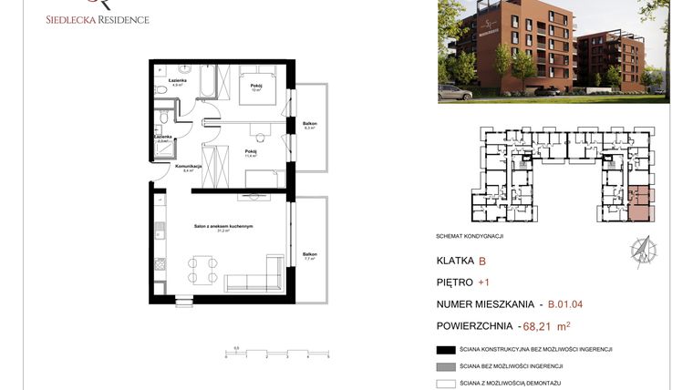 Rzut - Mieszkanie na sprzedaż 3 pokoje o powierzchni 68,93 m² - numer B-01-04 w Siedlecka Residence