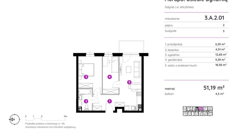 Rzut - Mieszkanie na sprzedaż 2 pokoje o powierzchni 51,19 m² - numer 3.A.2.01 w Murapol Osiedle Dynamiq