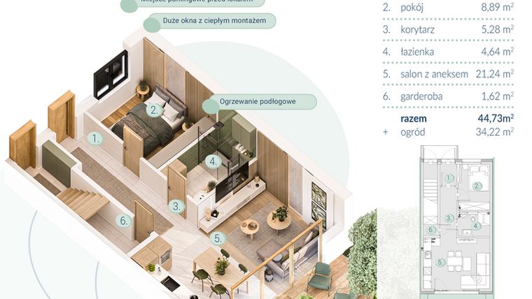 Rzut - Mieszkanie na sprzedaż 2 pokoje o powierzchni 44,73 m² - numer B.2.1 w Enklawa