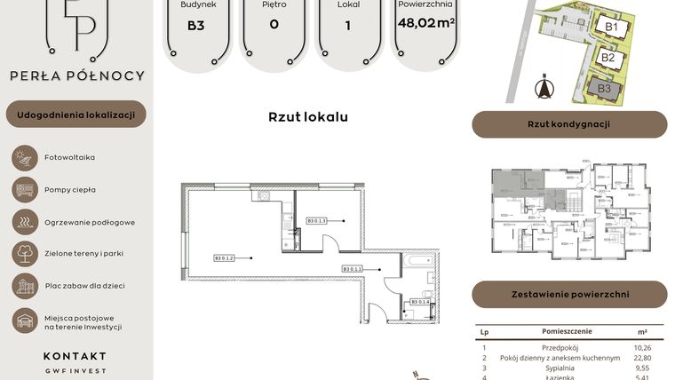 Rzut - Mieszkanie na sprzedaż 2 pokoje o powierzchni 48,02 m² - numer B3.0_1 w Perła Północy etap 2