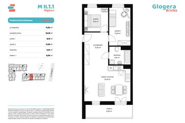 Rzut - Mieszkanie na sprzedaż 3 pokoje o powierzchni 59,23 m² - numer M II.1.1 w Glogera Bricks
