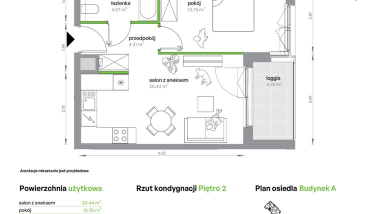 Rzut - Mieszkanie na sprzedaż 2 pokoje o powierzchni 43,07 m² - numer AA0207/4 w M Bemowo