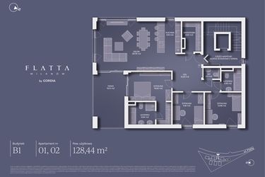 Rzut - Mieszkanie na sprzedaż 4 pokoje o powierzchni 128,44 m² - numer B1.01 w Flatta Wilanów