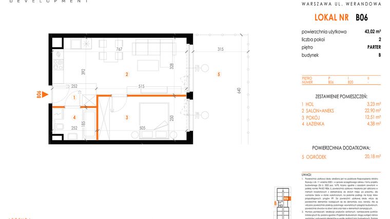 Rzut - Mieszkanie na sprzedaż 2 pokoje o powierzchni 43,02 m² - numer B06 w Werandowa