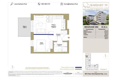 Rzut - Mieszkanie na sprzedaż 2 pokoje o powierzchni 30,56 m² - numer M66 w Barbary 19