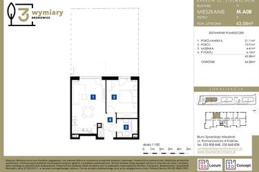 Rzut - Mieszkanie na sprzedaż 2 pokoje o powierzchni 43,58 m² - numer M.A08 w 3 Wymiary Bronowice