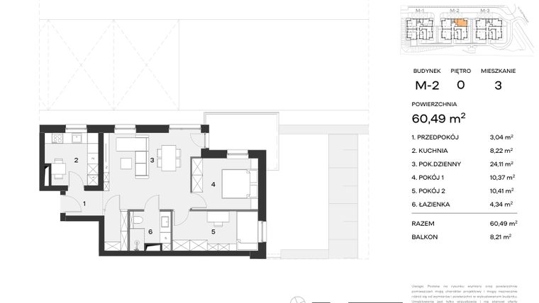 Rzut - Mieszkanie na sprzedaż 3 pokoje o powierzchni 60,49 m² - numer M2.3 w Nowy Standard