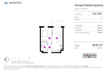 Rzut - Mieszkanie na sprzedaż 2 pokoje o powierzchni 39,07 m² - numer 4.A.1.06 w Murapol Osiedle Dynamiq