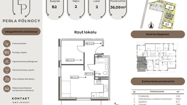 Rzut - Mieszkanie na sprzedaż 2 pokoje o powierzchni 36,09 m² - numer B2.2_2 w Perła Północy etap 2