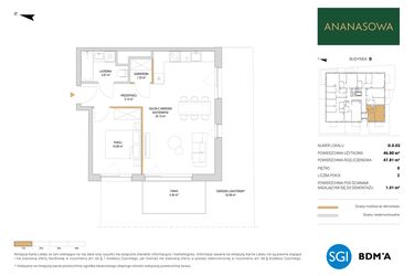 Rzut - Mieszkanie na sprzedaż 2 pokoje o powierzchni 47,81 m² - numer D.0.03 w Ananasowa