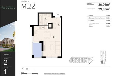 Rzut - Mieszkanie na sprzedaż 1 pokój o powierzchni 30,06 m² - numer C - M.22 w Dzielnica Trust - etap I