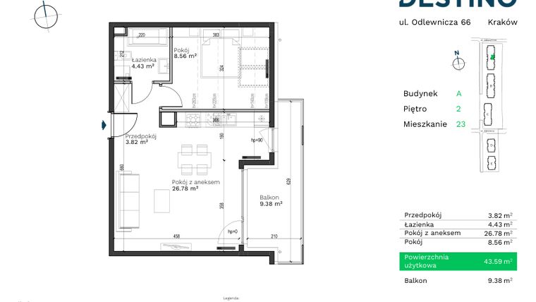 Rzut - Mieszkanie na sprzedaż 2 pokoje o powierzchni 43,59 m² - numer A-23 w Destino