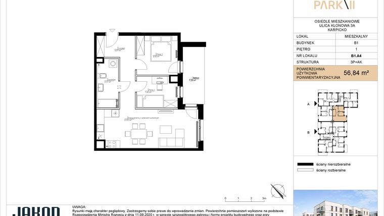 Rzut - Mieszkanie na sprzedaż 3 pokoje o powierzchni 56,84 m² - numer B1.A4 w Merano Park II
