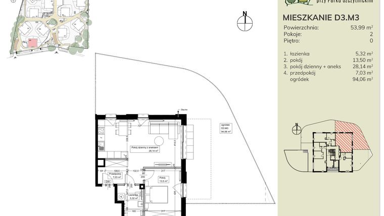 Rzut - Mieszkanie na sprzedaż 2 pokoje o powierzchni 53,87 m² - numer D3.M3 w Apartamenty przy Parku Szczytnickim