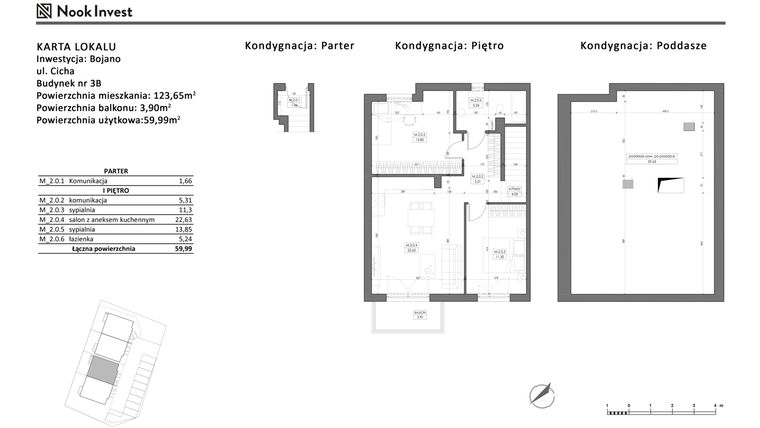 Rzut - Mieszkanie na sprzedaż 4 pokoje o powierzchni 59,99 m² - numer 3B w Bojano, ul. Cicha