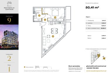 Rzut - Mieszkanie na sprzedaż 2 pokoje o powierzchni 50,41 m² - numer 9 w Rezydencja Centrum