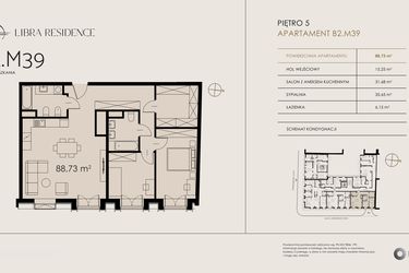Rzut - Mieszkanie na sprzedaż 3 pokoje o powierzchni 88,73 m² - numer B2.M39 w Libra Residence