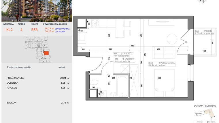Rzut - Mieszkanie na sprzedaż 1 pokój o powierzchni 38,27 m² - numer I-B58 w Industria etap I-B
