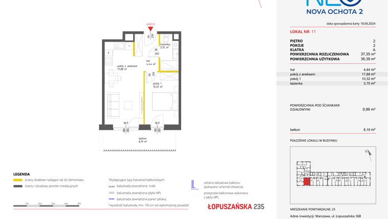 Rzut - Mieszkanie na sprzedaż 2 pokoje o powierzchni 37,35 m² - numer 11 w Neo Nova Ochota 2