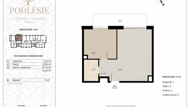 Rzut - Mieszkanie na sprzedaż 2 pokoje o powierzchni 46,4 m² - numer 1A.8 w Podlesie