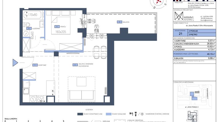Rzut - Mieszkanie na sprzedaż 2 pokoje o powierzchni 49,15 m² - numer 21 w Apartamenty Jana Pawła 34