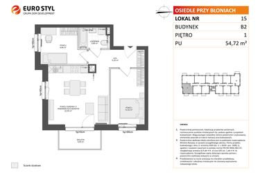 Rzut - Mieszkanie na sprzedaż 3 pokoje o powierzchni 54,72 m² - numer B2.15 w Osiedle Przy Błoniach 3 etap III