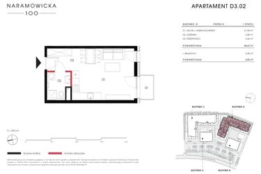 Rzut - Mieszkanie na sprzedaż 1 pokój o powierzchni 28,47 m² - numer D 3.02 w Naramowicka 100
