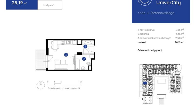 Rzut - Mieszkanie na sprzedaż 1 pokój o powierzchni 28,19 m² - numer 1.A.0.03 w Murapol UniverCity