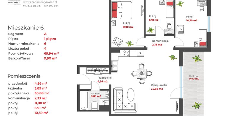 Rzut - Mieszkanie na sprzedaż 4 pokoje o powierzchni 69,94 m² - numer A06 w Apartamenty Krosno
