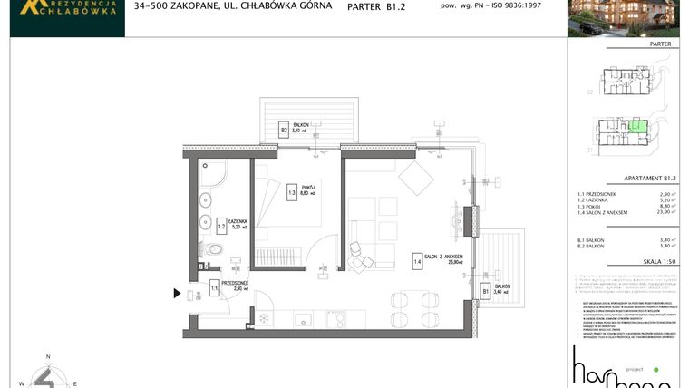 Rzut - Mieszkanie na sprzedaż 2 pokoje o powierzchni 40,8 m² - numer B1.2 w Rezydencja Chłabówka