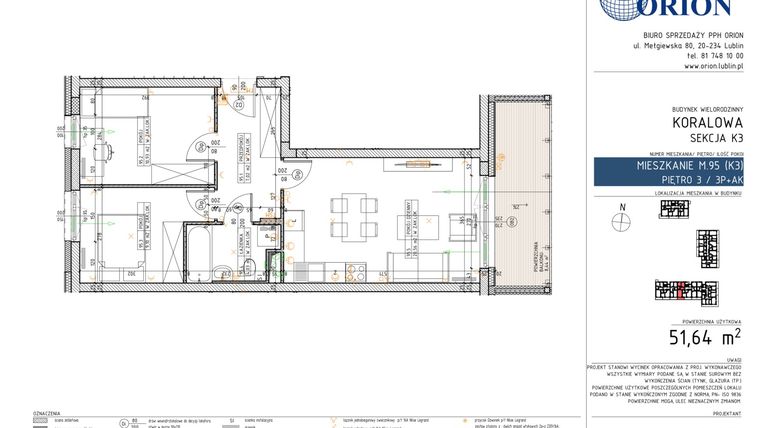 Rzut - Mieszkanie na sprzedaż 3 pokoje o powierzchni 51,64 m² - numer K3-95 w Koralowe Osiedle