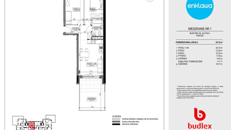 Rzut - Mieszkanie na sprzedaż 3 pokoje o powierzchni 55,48 m² - numer Z4.1 w Enklawa Apartamenty Z4 i Z5
