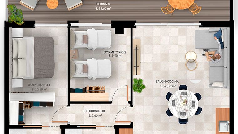 Rzut - Mieszkanie na sprzedaż 2 pokoje o powierzchni 73,57 m² - numer 2-B w Mieszkania w Finestrat - 71577609