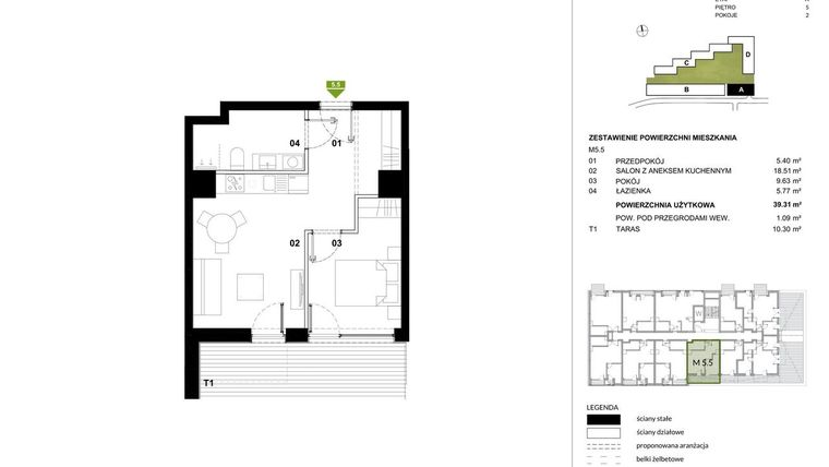 Rzut - Mieszkanie na sprzedaż 1 pokój o powierzchni 40,4 m² - numer A.5.5 w Kozielska Park
